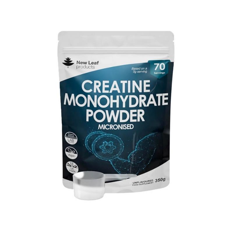 Package of New Leaf Creatine Monohydrate Powder, 350g size, with a scoop included.