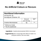Package of New Leaf Creatine Monohydrate Powder, 350g size, with a scoop included.