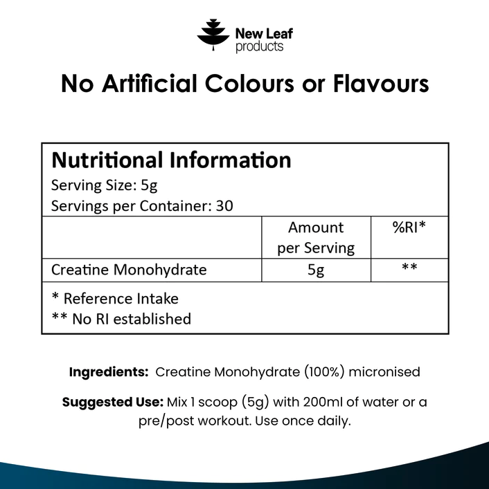 Package of New Leaf Creatine Monohydrate Powder, 350g size, with a scoop included.