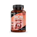 A bottle of New Leaf Iron Ferrous Fumarate 15mg 365 Tablets, with labeling that includes the product name, dose, and a symbol representing iron.