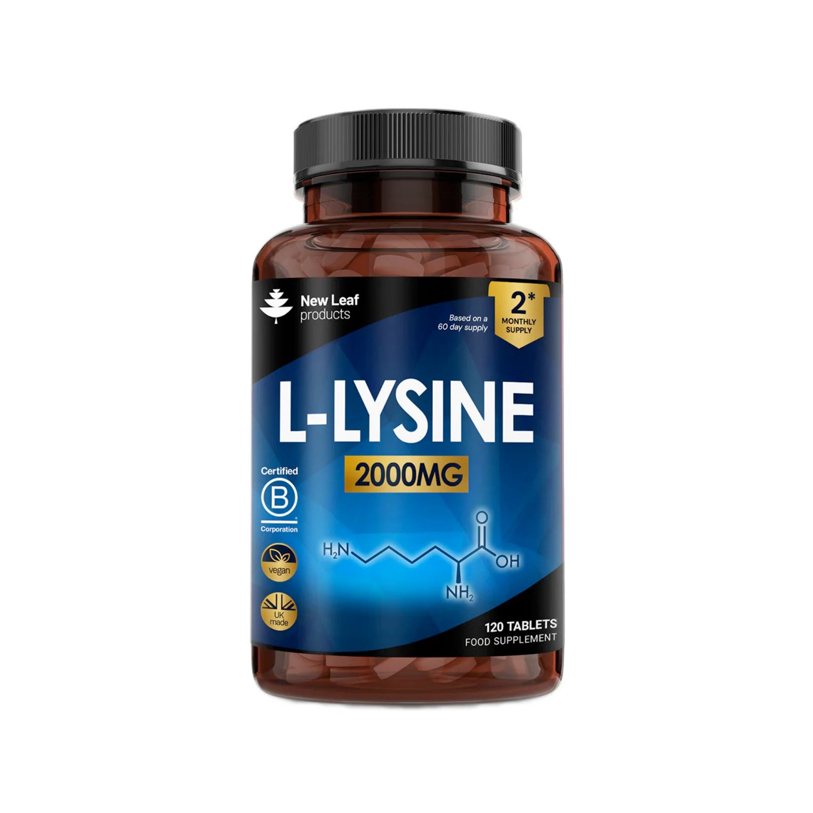 Supplement bottle labeled L-Lysine 2000MG