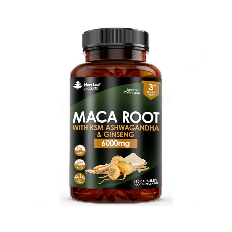 A bottle of New Leaf Maca Root supplement with 6000mg of maca root, KSM Ashwagandha, and Ginseng, containing 180 tablets for energy and well-being.