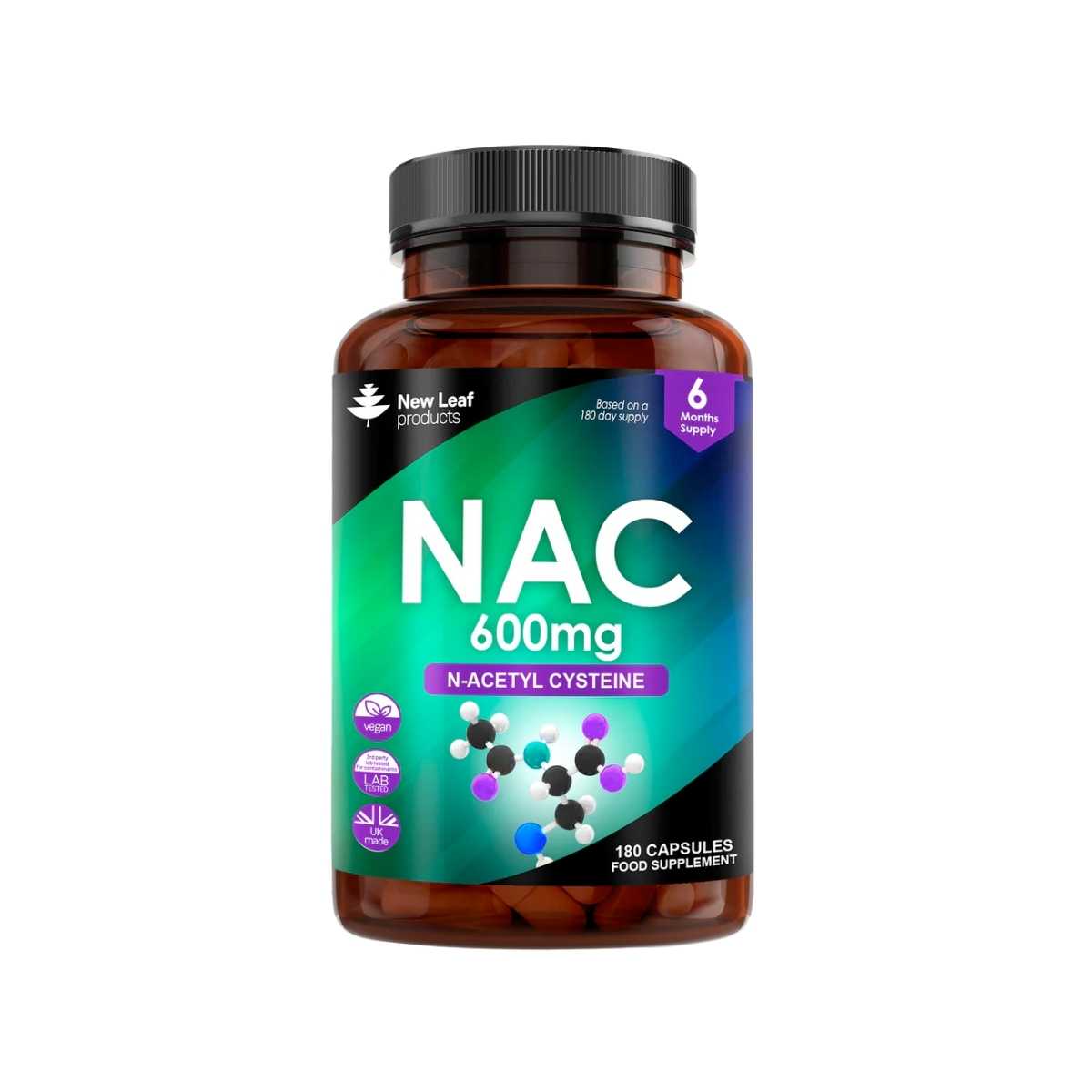 A bottle of New Leaf NAC N-Acetyl-Cysteine 600mg supplement with 180 capsules for dietary purposes.