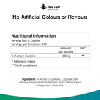 Nutritional information and ingredient details for New Leaf NAC N-Acetyl-Cysteine 600mg supplement capsule. 