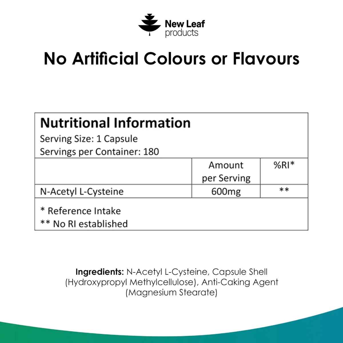 Nutritional information and ingredient details for New Leaf NAC N-Acetyl-Cysteine 600mg supplement capsule. 