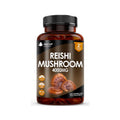 A bottle of New Leaf Reishi Mushroom 4000mg capsules with 120 capsules visible. The label shows the product name and strength.