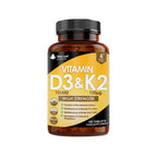 A bottle of New Leaf Vitamin D3 1000iu & K2 183 tablets, with yellow and black label, indicating it is a high strength supplement for bones and cardiovascular health.