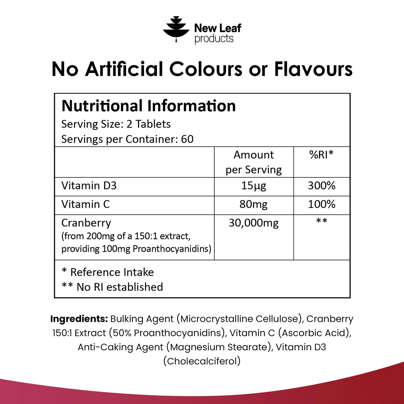 A bottle of New Leaf Cranberry supplement with 30,000mg of cranberry extract, added Vitamin C and D, containing 120 tablets.