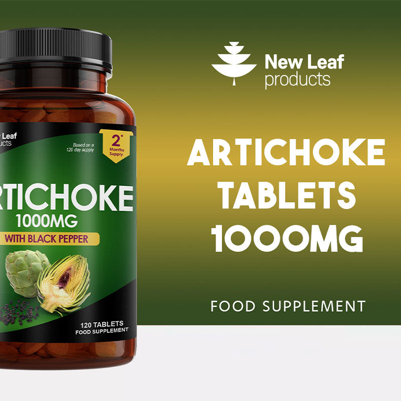 A bottle of New Leaf Artichoke 1000mg tablets with black pepper, containing 120 tablets, designed for superior absorption.