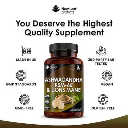 New Leaf Ashwagandha KSM-66 & Lions Mane 120 Tablets 2 Month Supply