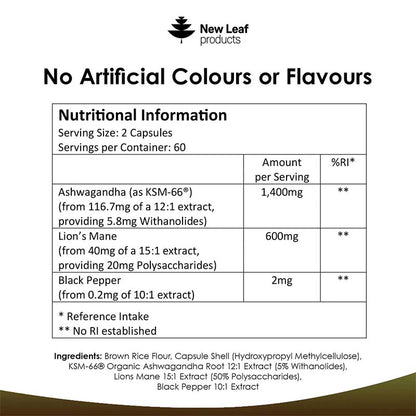 New Leaf Ashwagandha KSM-66 & Lions Mane 120 Tablets 2 Month Supply