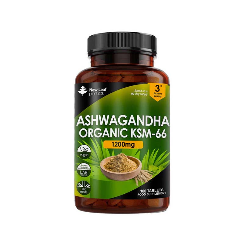 A bottle of New Leaf Ashwagandha Organic KSM-66 1200mg tablets with 180 tablets inside. 