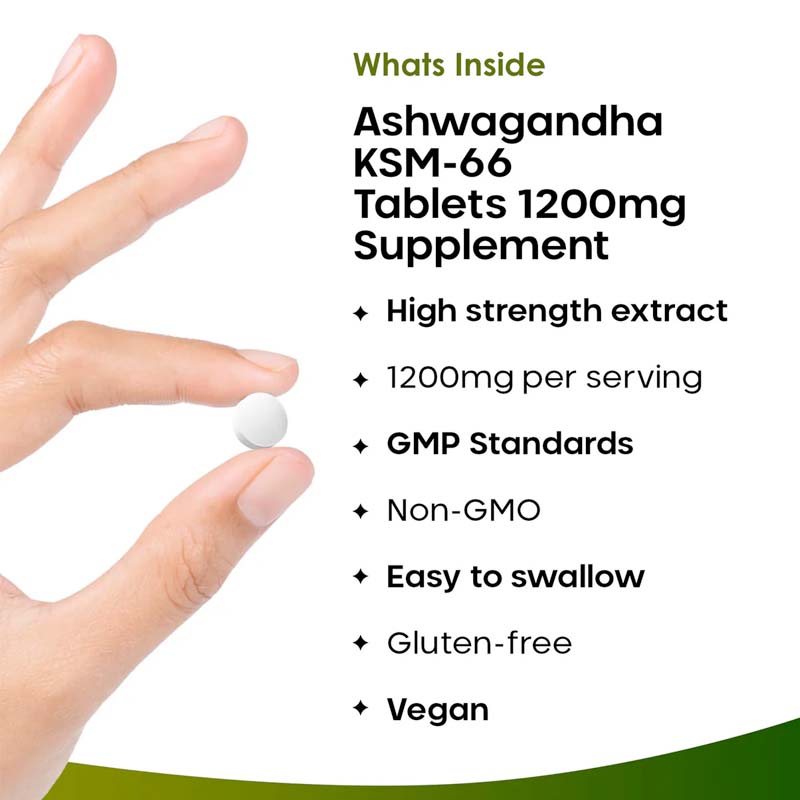 A bottle of New Leaf Ashwagandha Organic KSM-66 1200mg tablets with 180 tablets inside. 