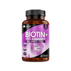 A bottle of New Leaf Biotin + Zinc and Selenium 1000mcg 180 Tablets, with purple and black label, for hair, skin, and nails health.