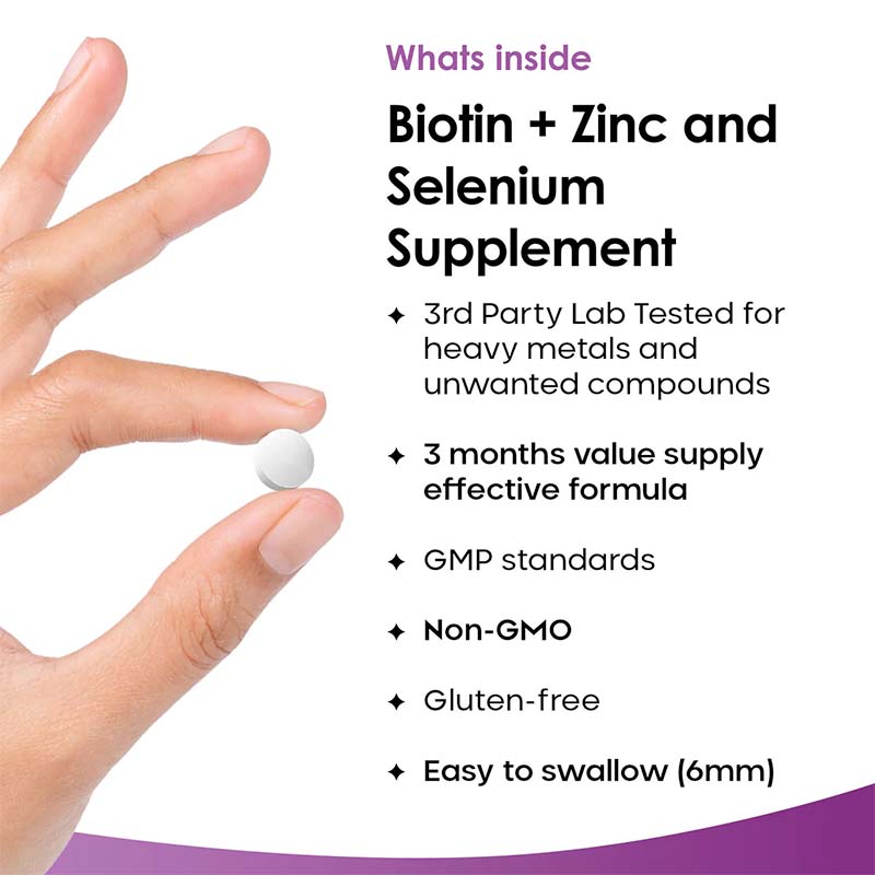 A bottle of New Leaf Biotin + Zinc and Selenium 1000mcg 180 Tablets, with purple and black label, for hair, skin, and nails health.