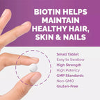 A bottle of New Leaf Biotin + Zinc and Selenium 1000mcg 180 Tablets, with purple and black label, for hair, skin, and nails health.