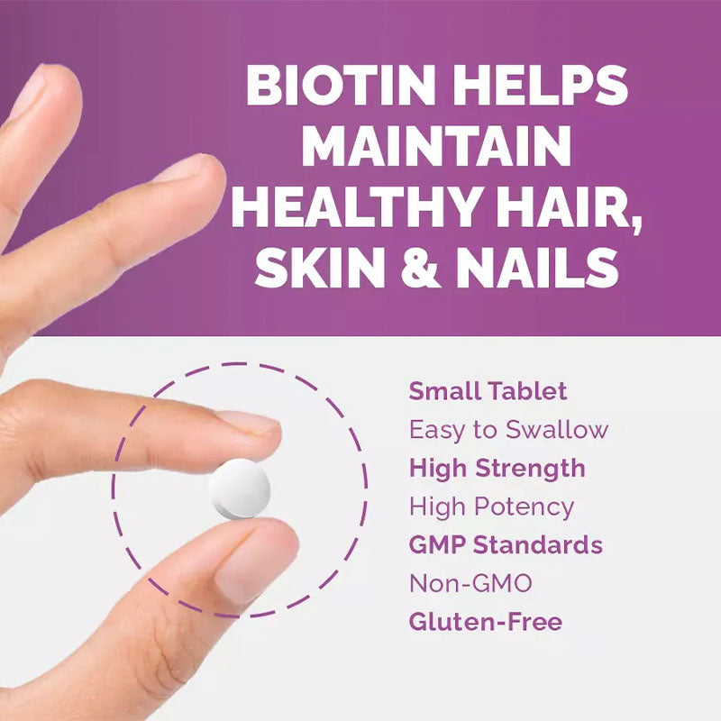 A bottle of New Leaf Biotin + Zinc and Selenium 1000mcg 180 Tablets, with purple and black label, for hair, skin, and nails health.