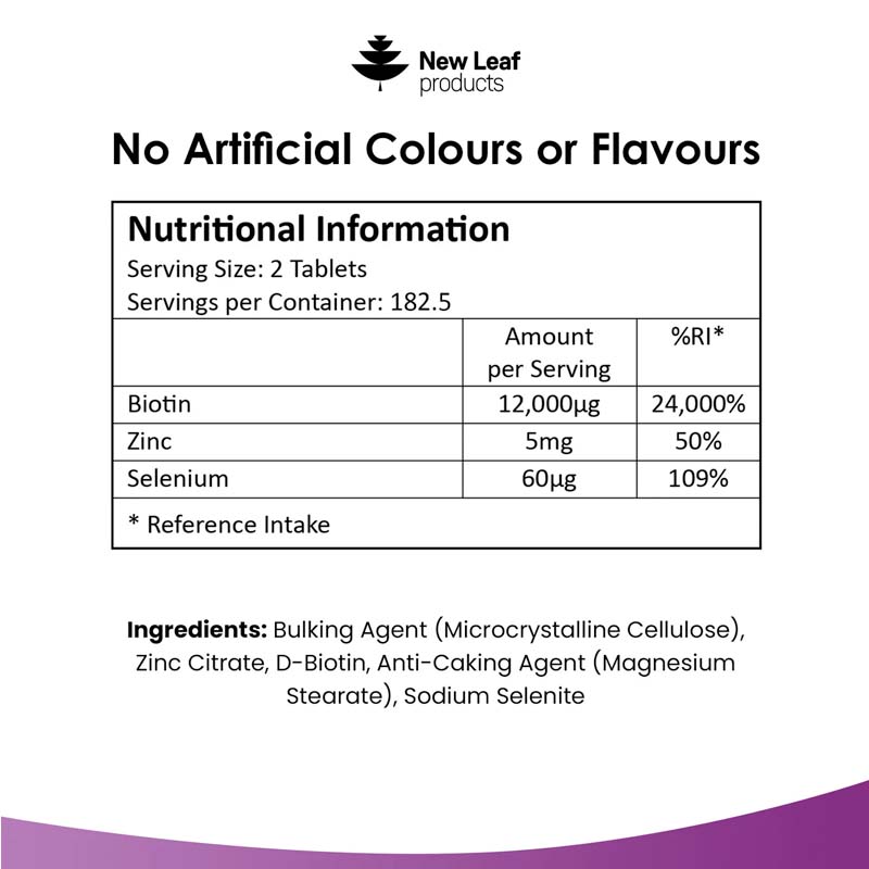 New Leaf Biotin with Zinc & Selenium 365 Tablets 6 Months Supply
