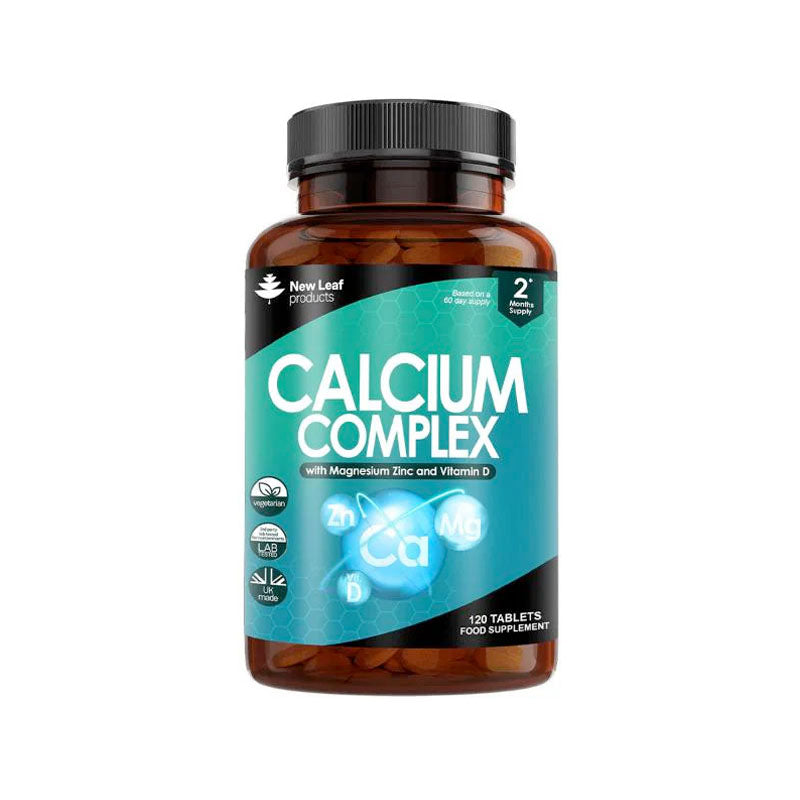 A bottle of New Leaf Calcium Complex tablets, which contains 120 tablets for a 2-month supply. The label indicates that the product also includes magnesium and vitamin D.