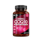 A bottle of New Leaf Coenzyme Q10 supplement with 200mg dosage, containing 120 capsules for a two-month supply.