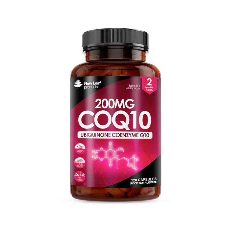 A bottle of New Leaf Coenzyme Q10 supplement with 200mg dosage, containing 120 capsules for a two-month supply.