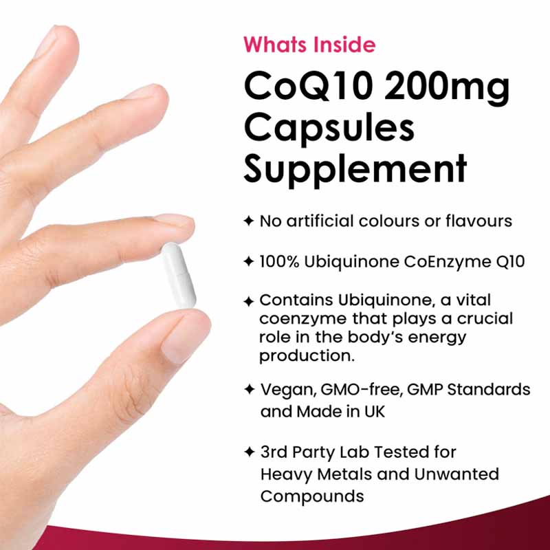 A bottle of New Leaf Coenzyme Q10 supplement with 200mg dosage, containing 120 capsules for a two-month supply.