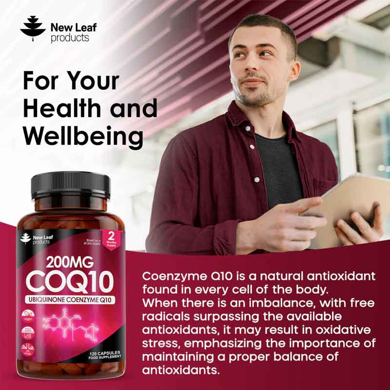 A bottle of New Leaf Coenzyme Q10 supplement with 200mg dosage, containing 120 capsules for a two-month supply.