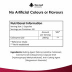 A bottle of New Leaf Coenzyme Q10 supplement with 200mg dosage, containing 120 capsules for a two-month supply.