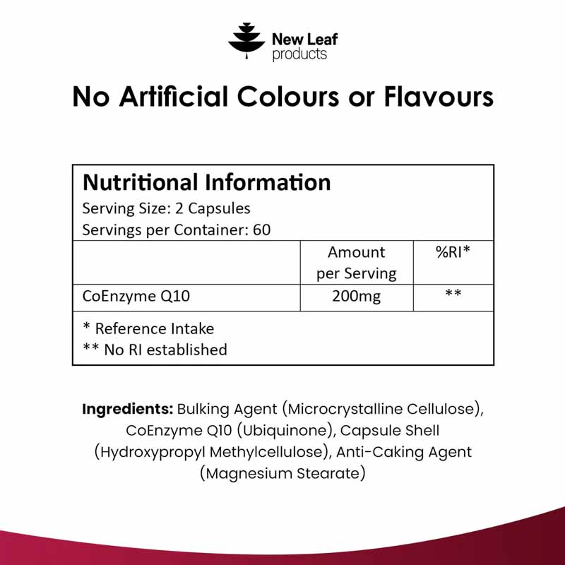 A bottle of New Leaf Coenzyme Q10 supplement with 200mg dosage, containing 120 capsules for a two-month supply.