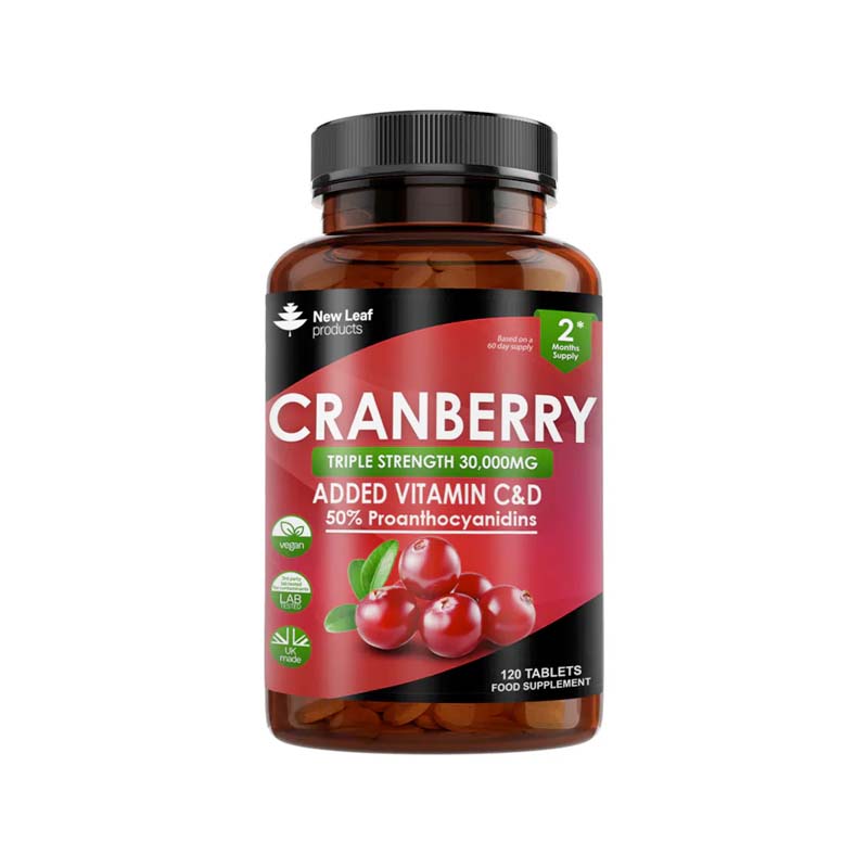 A bottle of New Leaf Cranberry supplement with 30,000mg of cranberry extract, added Vitamin C and D, containing 120 tablets.