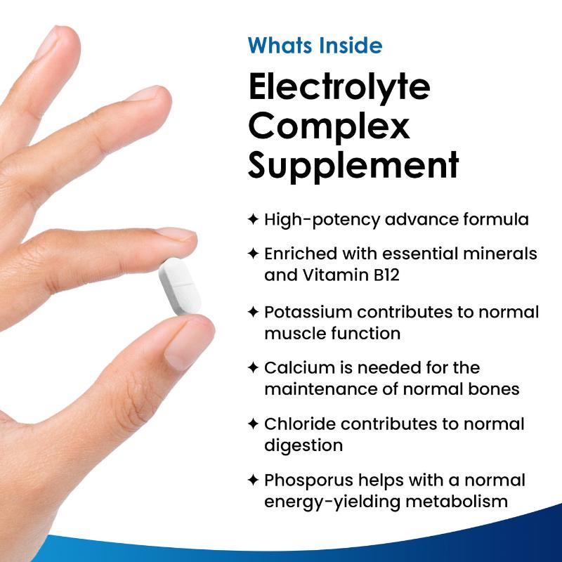 A bottle of New Leaf Electrolytes Complex 120 Tablets, which is a dietary supplement for hydration and electrolyte balance.