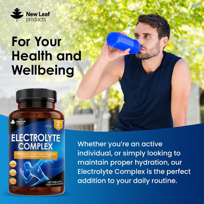 A bottle of New Leaf Electrolytes Complex 120 Tablets, which is a dietary supplement for hydration and electrolyte balance.