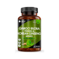 A bottle of New Leaf Ginkgo Biloba Korean Ginseng 120 Tablets with green label displaying the product name, Ginkgo Biloba and Korean Ginseng information, and dietary supplement symbol.