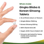 A bottle of New Leaf Ginkgo Biloba Korean Ginseng 120 Tablets with green label displaying the product name, Ginkgo Biloba and Korean Ginseng information, and dietary supplement symbol.
