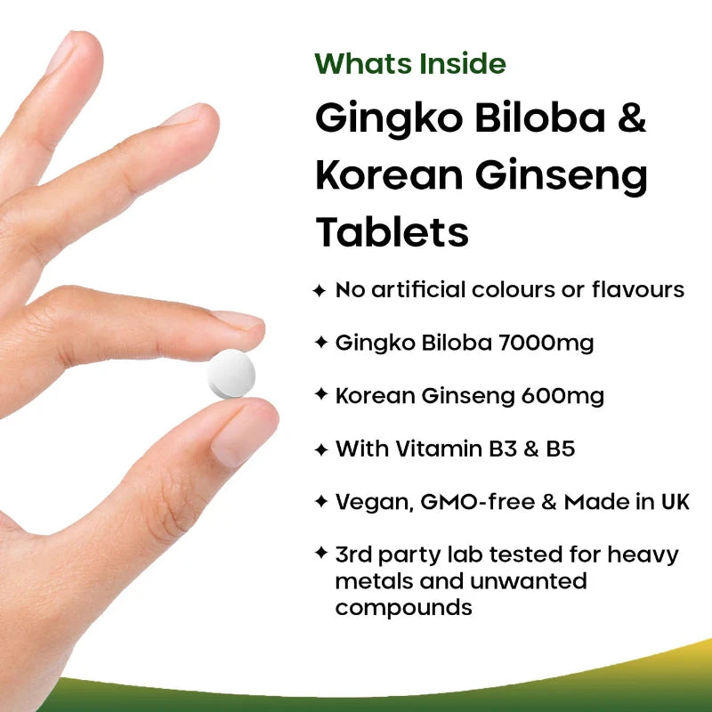 A bottle of New Leaf Ginkgo Biloba Korean Ginseng 120 Tablets with green label displaying the product name, Ginkgo Biloba and Korean Ginseng information, and dietary supplement symbol.