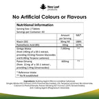 A bottle of New Leaf Ginkgo Biloba Korean Ginseng 120 Tablets with green label displaying the product name, Ginkgo Biloba and Korean Ginseng information, and dietary supplement symbol.