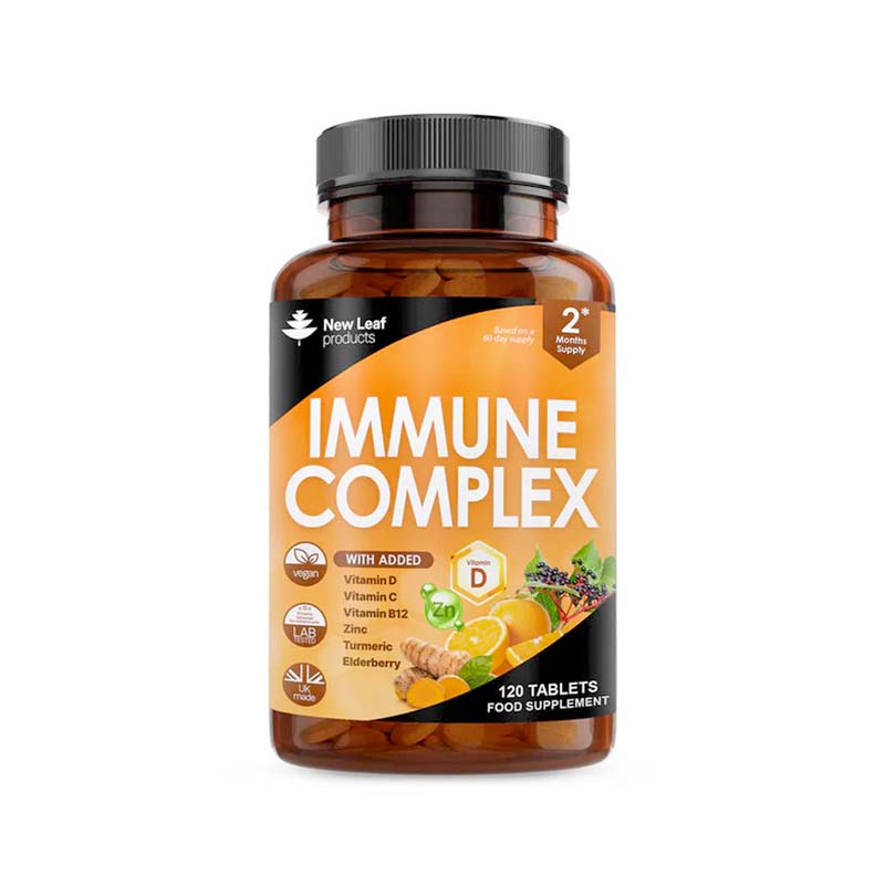 A bottle of New Leaf Immune Complex supplements with a label showing various nutrients like vitamins and minerals, alongside an illustration of a orange and a leaf.