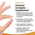 A bottle of New Leaf Immune Complex supplements with a label showing various nutrients like vitamins and minerals, alongside an illustration of a orange and a leaf.