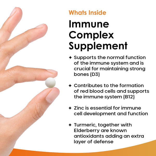 A bottle of New Leaf Immune Complex supplements with a label showing various nutrients like vitamins and minerals, alongside an illustration of a orange and a leaf.