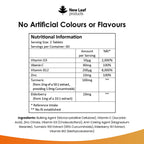 A bottle of New Leaf Immune Complex supplements with a label showing various nutrients like vitamins and minerals, alongside an illustration of a orange and a leaf.