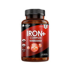 A bottle of New Leaf Iron Complex 180 Tablets, with a red label indicating it's a high-strength iron supplement.