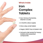 A bottle of New Leaf Iron Complex 180 Tablets, with a red label indicating it's a high-strength iron supplement.