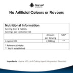 Nutritional information label for a New Leaf product with L-Lysine HCL on a white background.