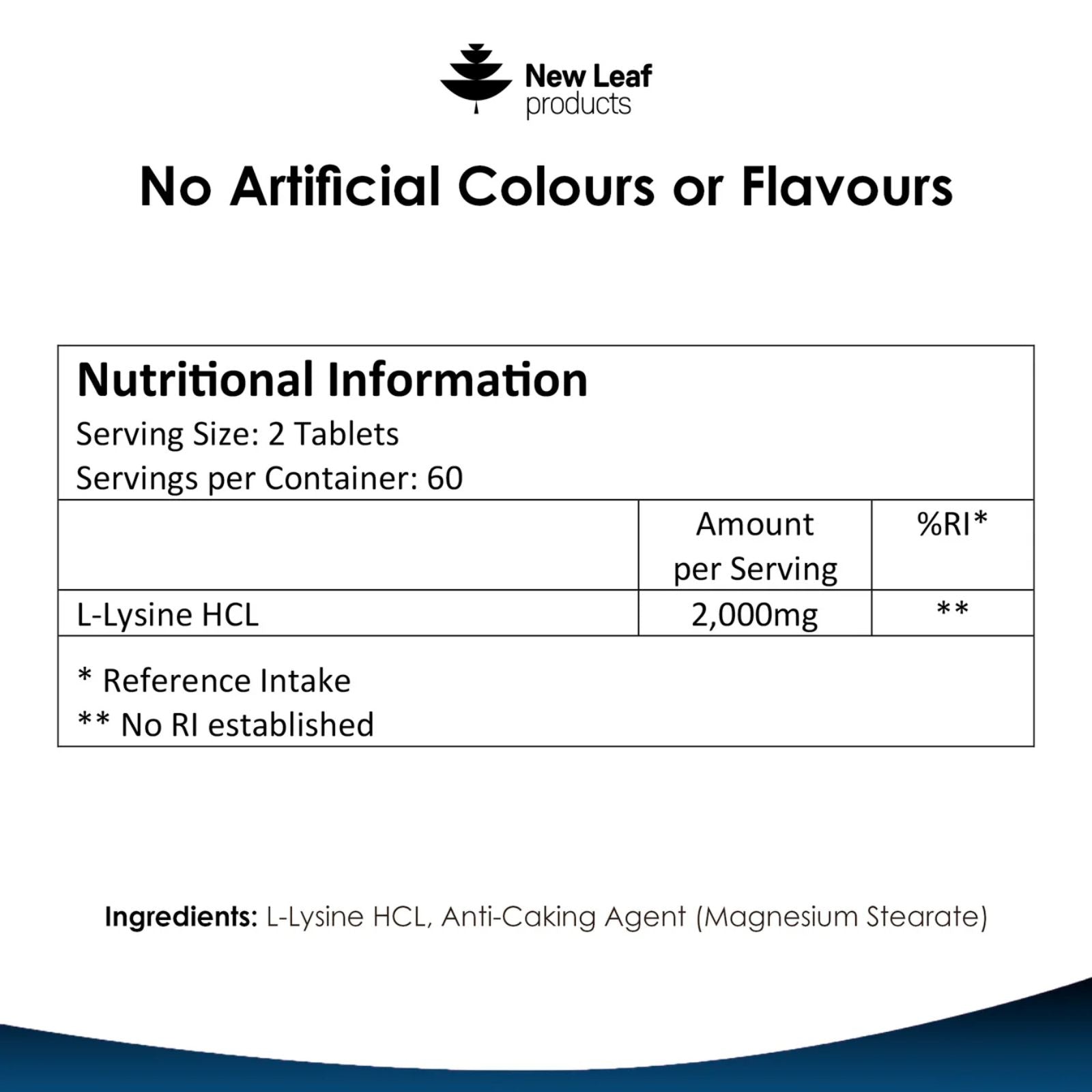 Nutritional information label for a New Leaf product with L-Lysine HCL on a white background.