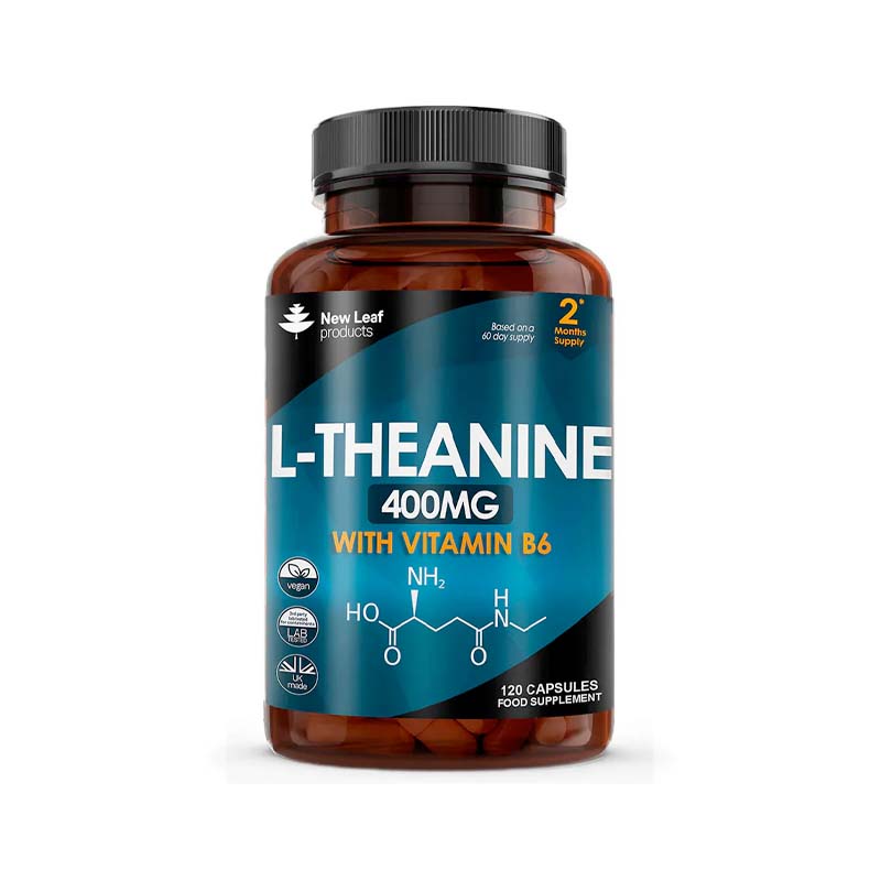 A bottle of New Leaf L-Theanine 400mg with Vitamin B6 supplements containing 120 tablets for relaxation, focus, and stress management.