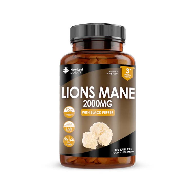 A bottle of New Leaf Lions Mane Mushroom 2000 mg with black pepper, containing 180 tablets for a 3-month supply. The label indicates the product is vegan, gluten-free, and non-GMO.
