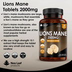 A bottle of New Leaf Lions Mane Mushroom 2000 mg with black pepper, containing 180 tablets for a 3-month supply. The label indicates the product is vegan, gluten-free, and non-GMO.