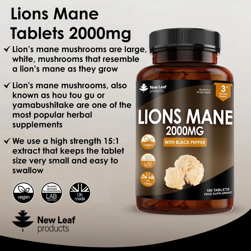 A bottle of New Leaf Lions Mane Mushroom 2000 mg with black pepper, containing 180 tablets for a 3-month supply. The label indicates the product is vegan, gluten-free, and non-GMO.