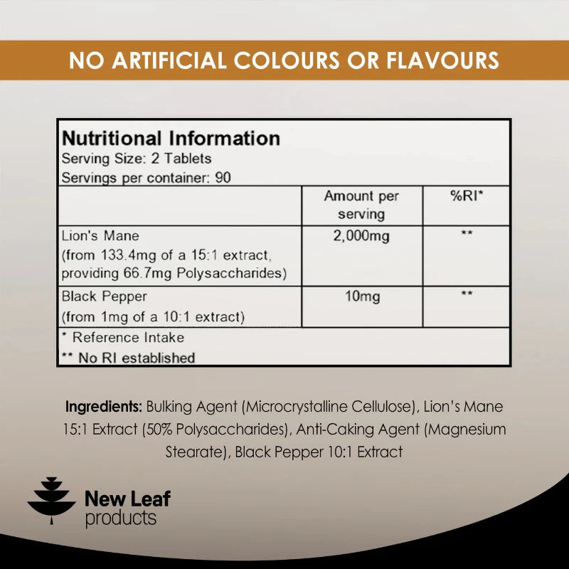 A bottle of New Leaf Lions Mane Mushroom 2000 mg with black pepper, containing 180 tablets for a 3-month supply. The label indicates the product is vegan, gluten-free, and non-GMO.