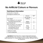 Nutritional information label for New Leaf products with ingredients listed.